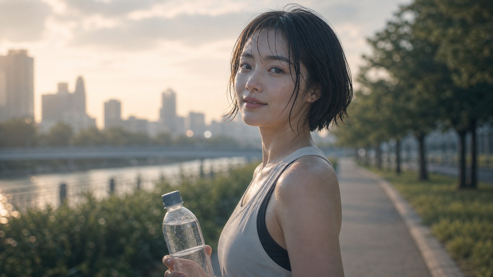 러닝 후 물병을 들고 카메라를 바라보는 단발머리 여성